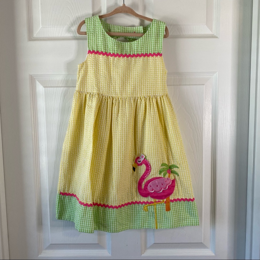 Emily Rose Yellow and Green Dress with Pink Flamingo